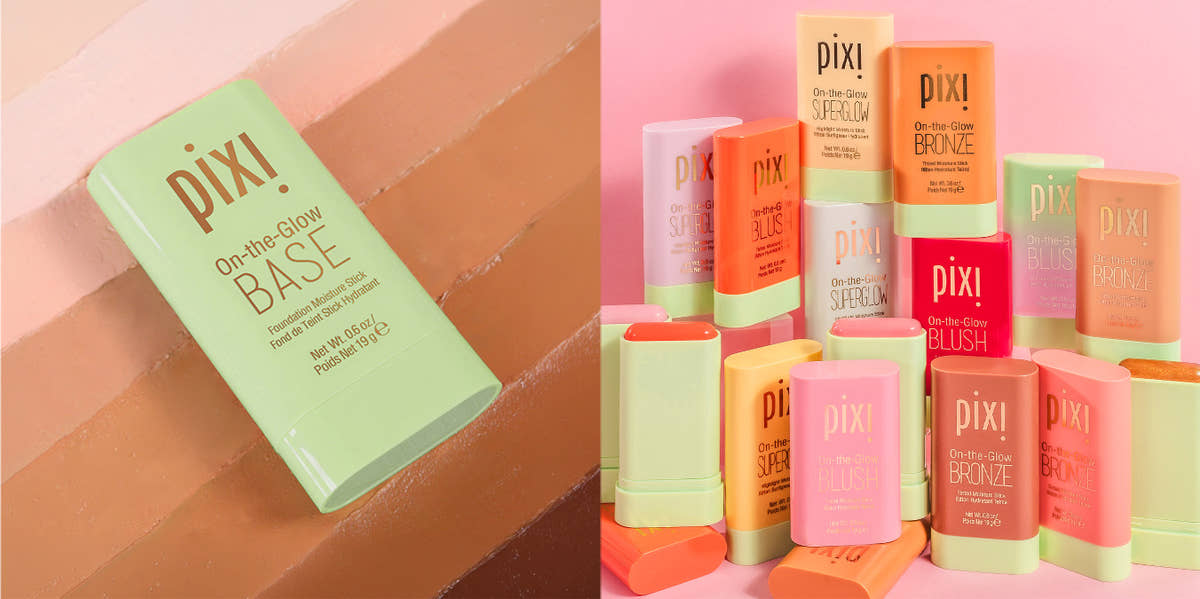 On-the-Glow BASE shown on a multi-shade textured background, next to On-the-Glow collection shown on a pink background