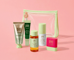 GradualGlow, Roll-On AntioxifEYE Serum, Glow Tonic, Hydrating Milky Mist and On-the-Glow Blush in petite sizes shown on a pink background with Clear Travel Bag - View 2