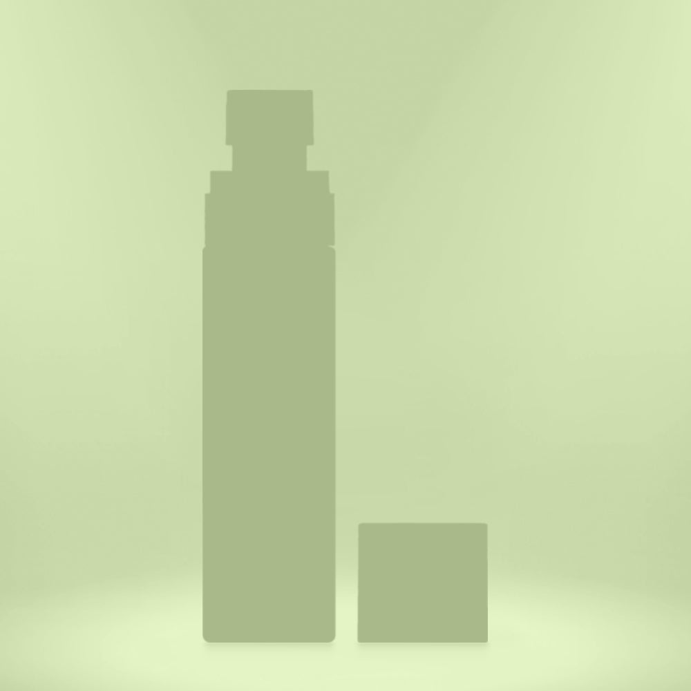 A minimalist, low-contrast product rendering of a tall cylindrical bottle with its cap placed beside it on a solid pale green background.
