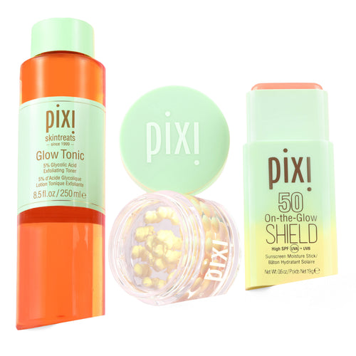 Bundle image shown on a white background featuring Glow Tonic, Vitamin-C CremeSerum and On-the-Glow SHIELD SPF 50 - View 1 view 2