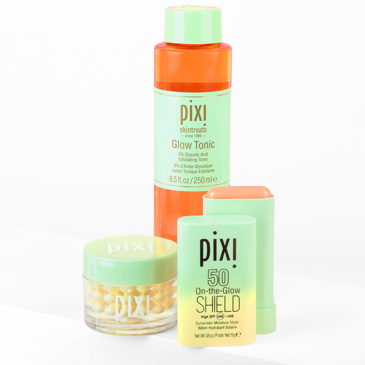 Bundle image shown on a white background featuring Glow Tonic, Vitamin-C CremeSerum and On-the-Glow SHIELD SPF 50 -