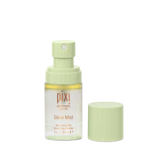 Pixi Skintreats Glow Mist hydrating spray in a clear bottle with a light green pump and cap, shown on a white background. view 1