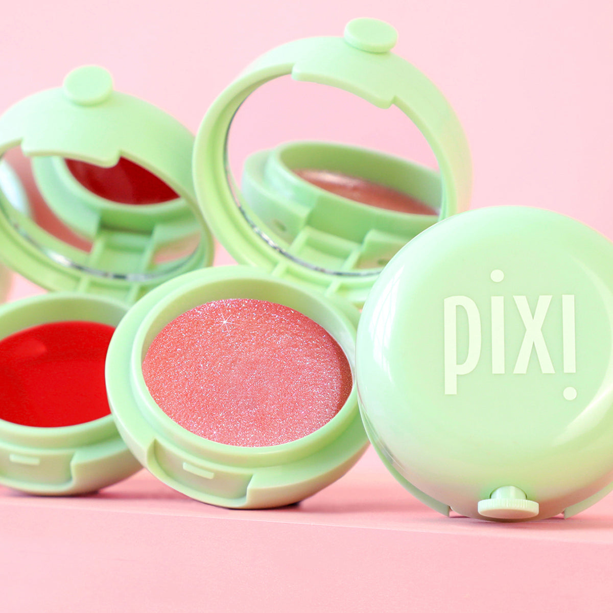 Pixi beauty LipMask with open lid on a pink background