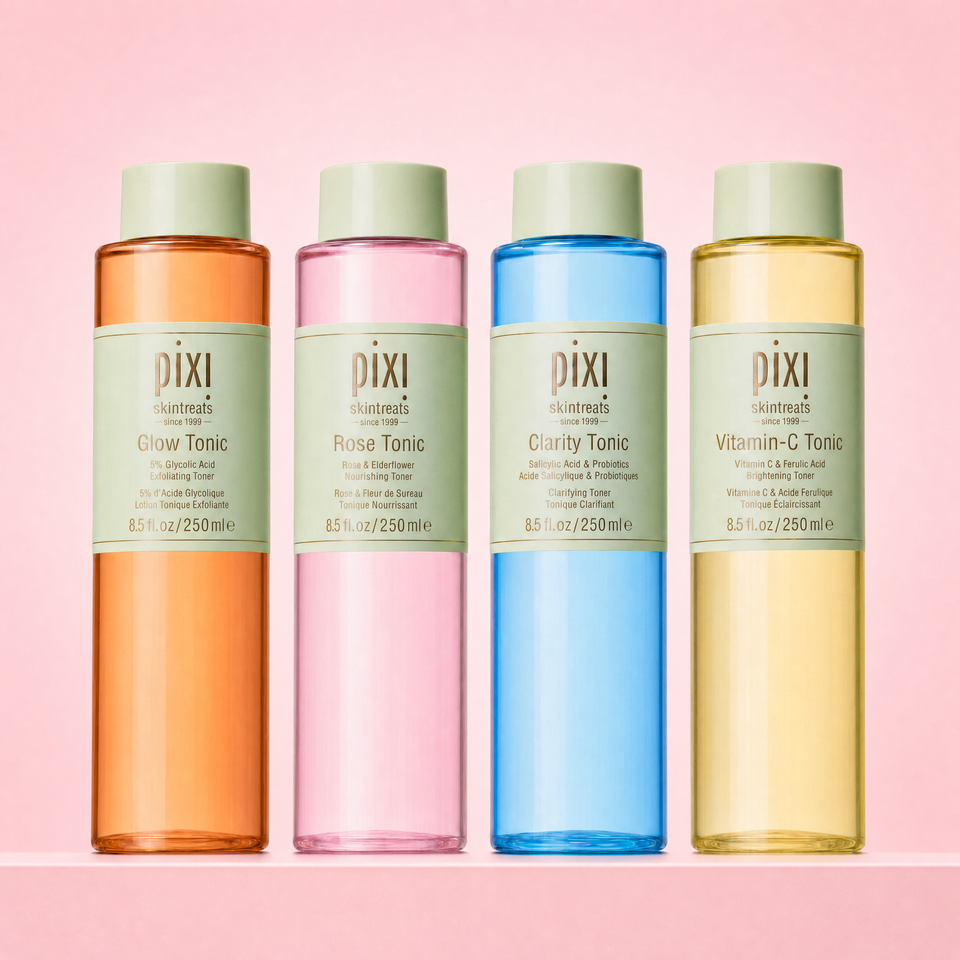 Best of Tonics Vault shown on a pink background featuring Glow Tonic, Rose Tonic, Clarity Tonic and Vitamin-C Tonic view 1